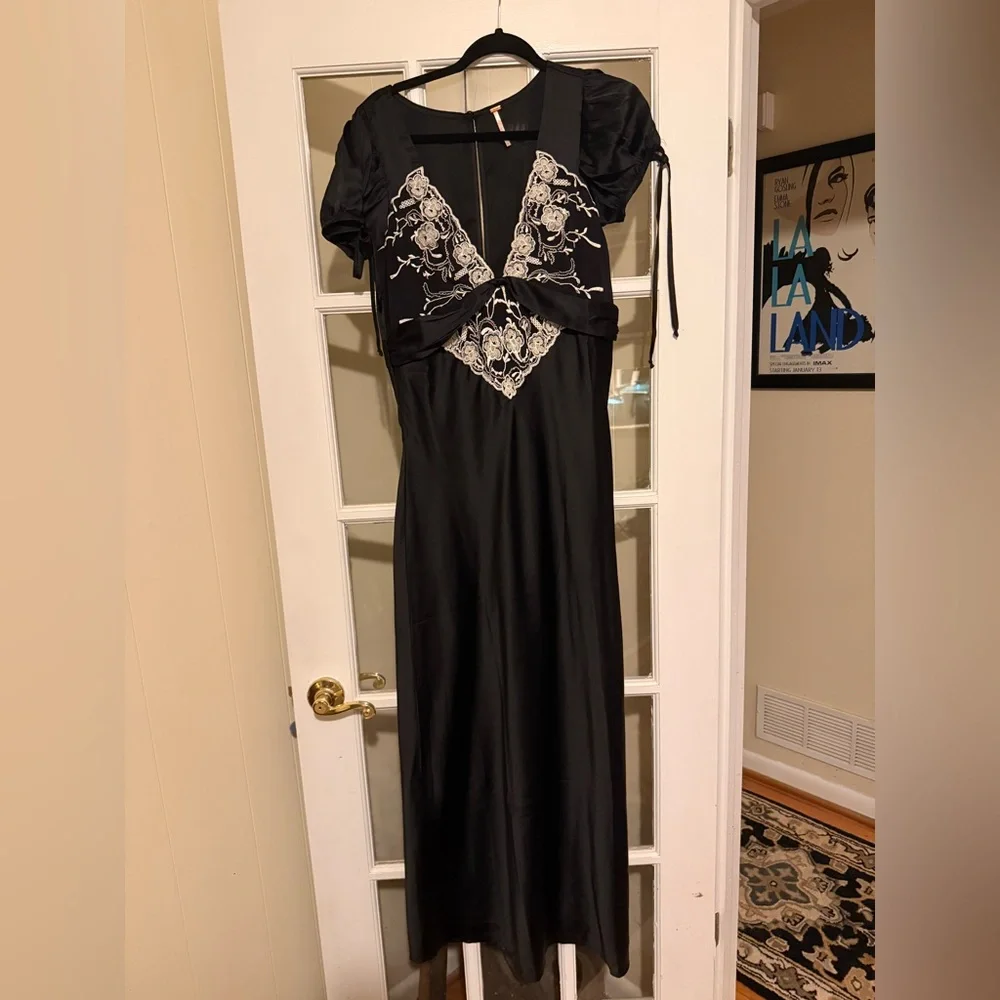 Free People Black Maxi Dress with Cream Embroidered Bodice